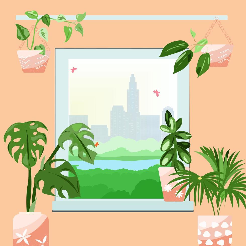 Window in an apartment with indoor plants vector