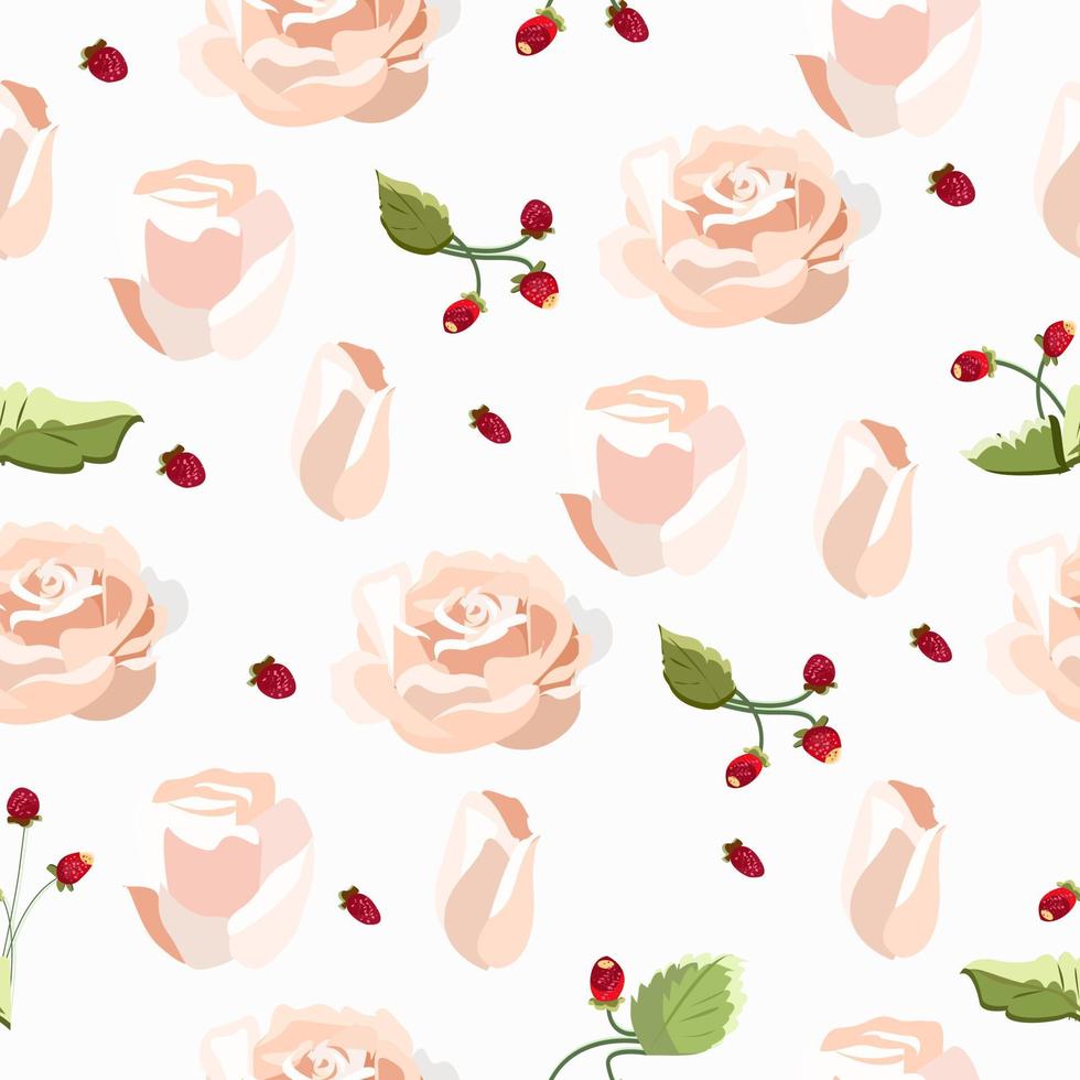 Seamless pattern with roses and strawberries on the branches vector