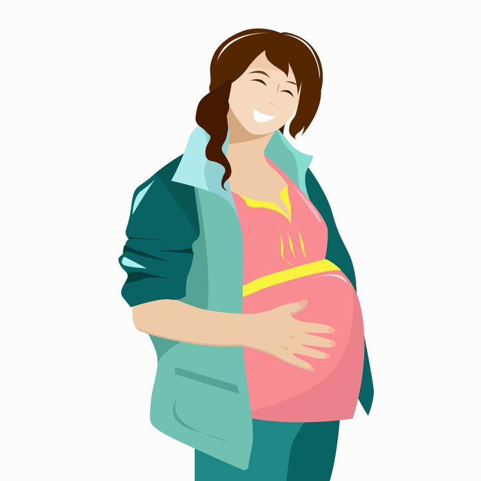 Pregnant girl with a big belly smiles and is happy vector