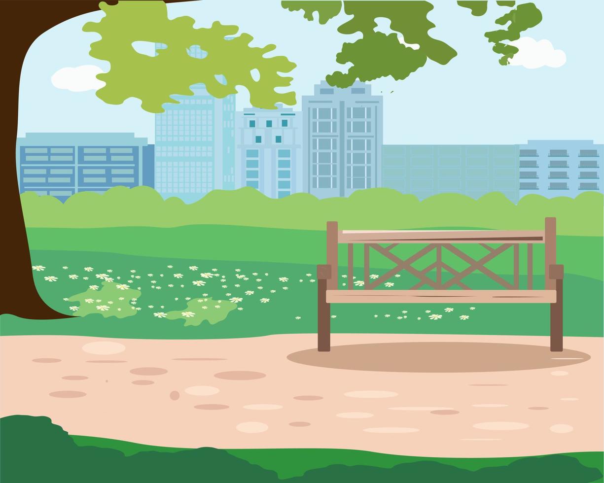 parque de la ciudad en árbol de verano y banco vector