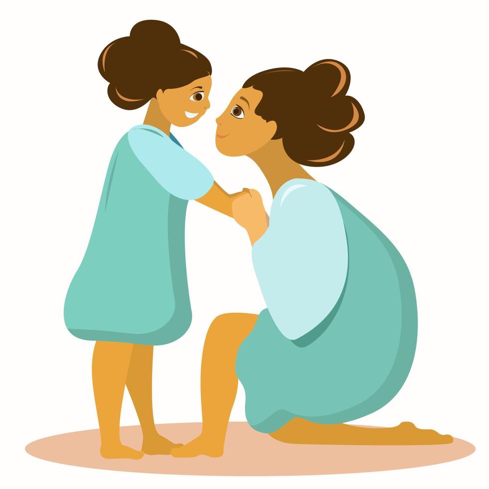 Mom holds her daughter's hands and smiles vector