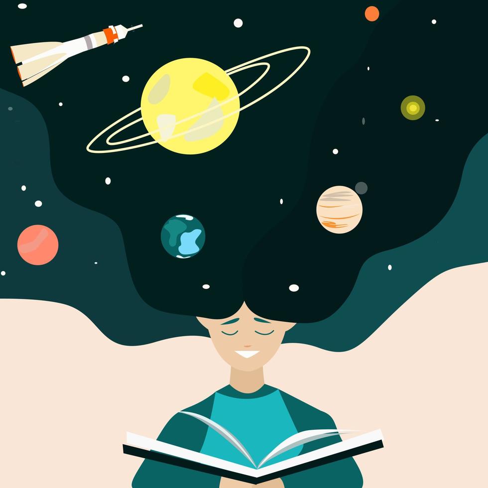 A girl reads a book and imagines space vector