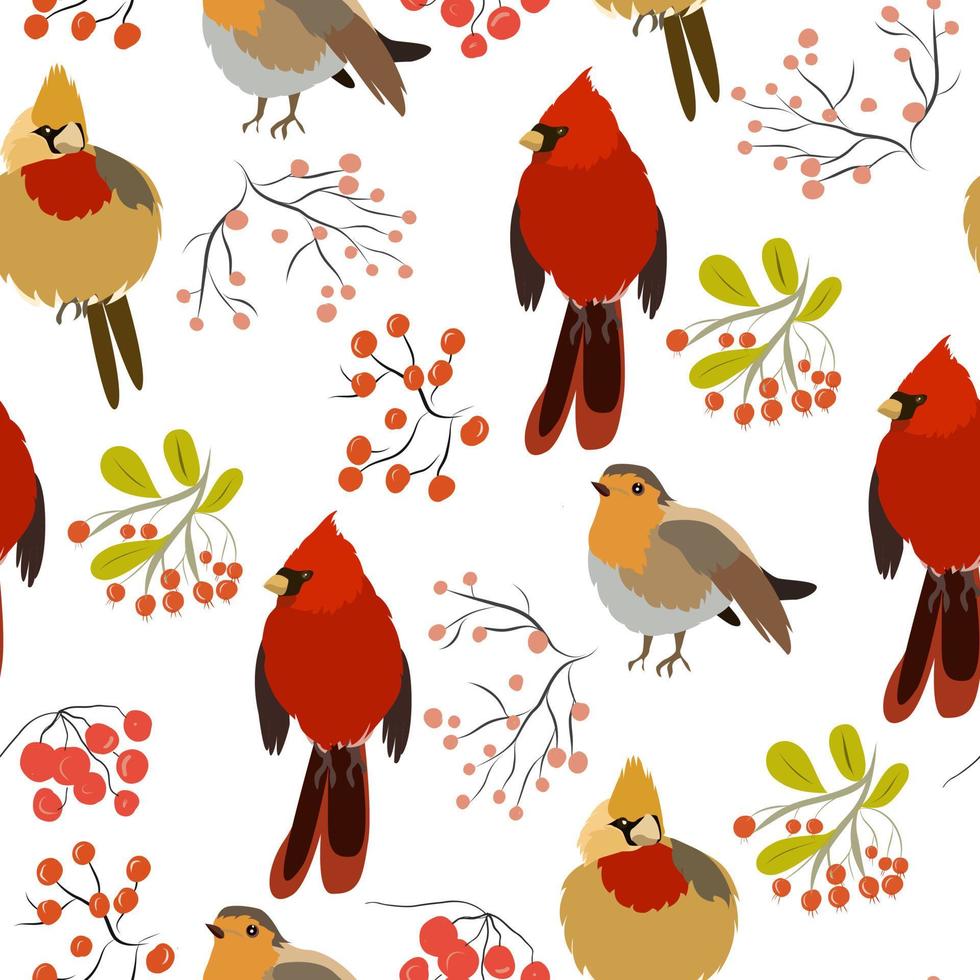 Seamless pattern with forest birds and berries vector