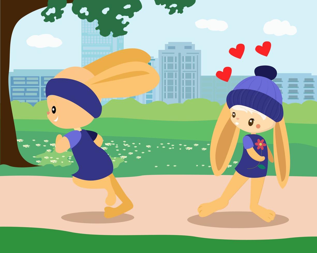 Two bunnies in the park a boy and a girl vector