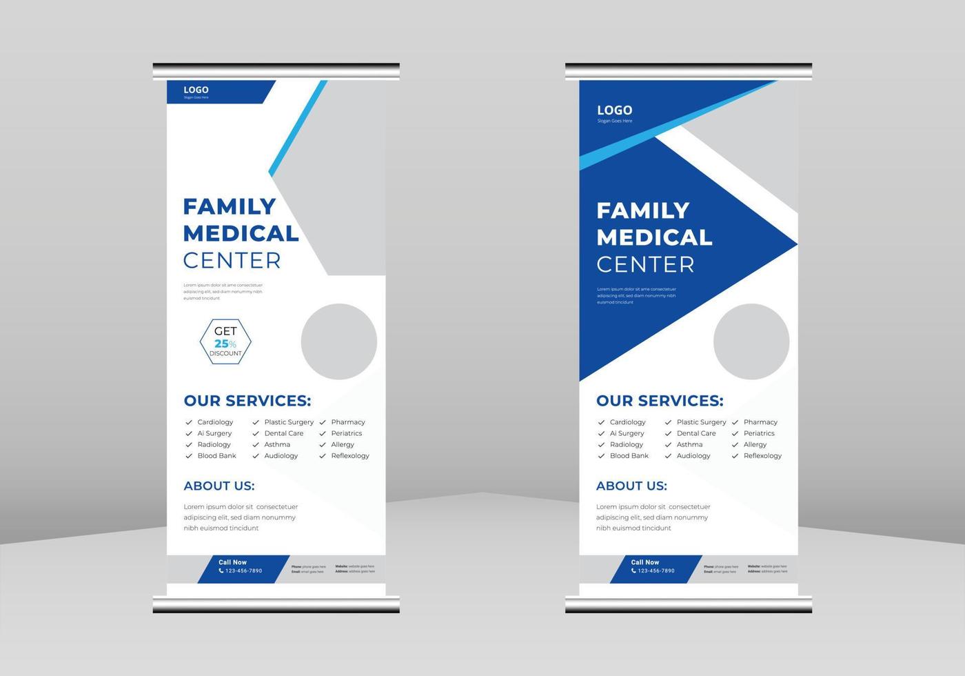 diseño de banner enrollable médico, banner enrollable de atención médica, diseño de banner de servicio promocional de servicio hospitalario, folleto médico plantilla de volante dl vector