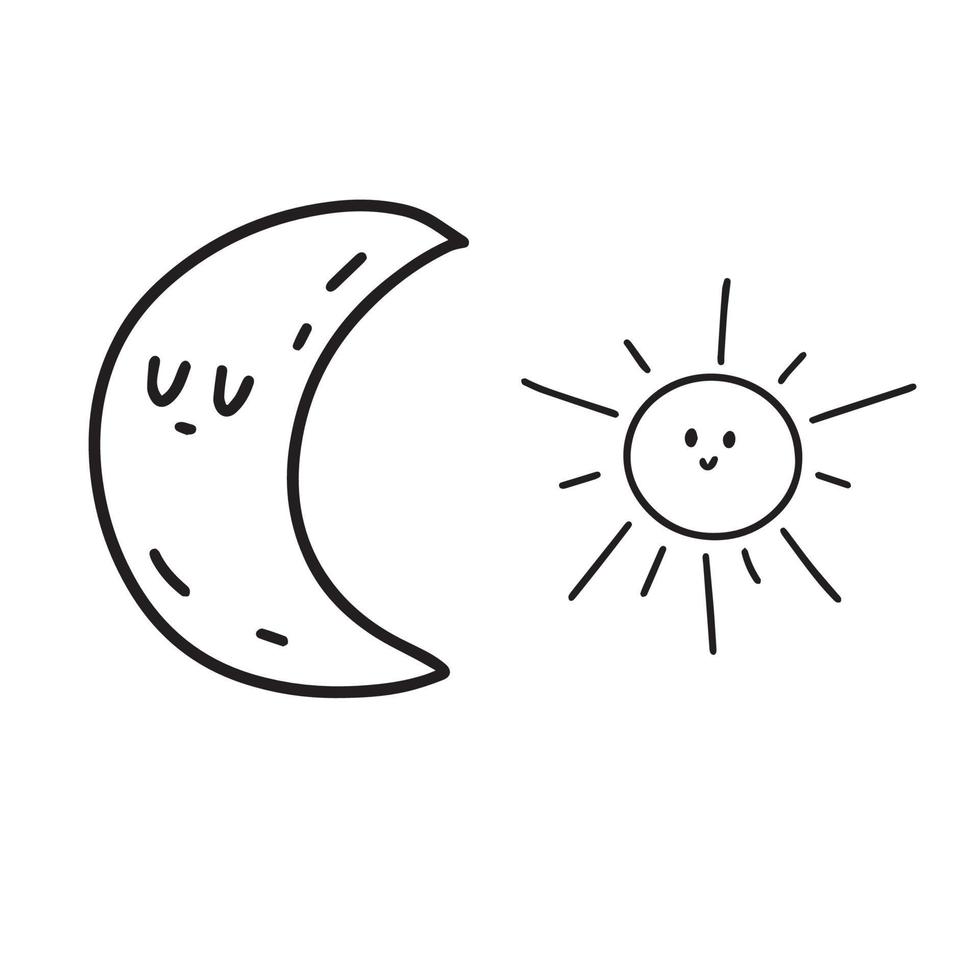 doodle moon and sun with face illustration isolated vector