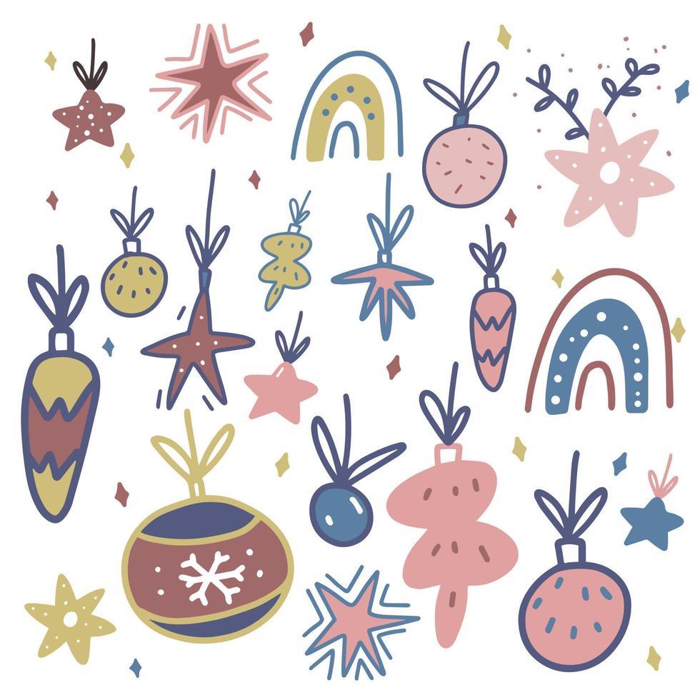 set with Christmas toys and balls in hand draw style vector