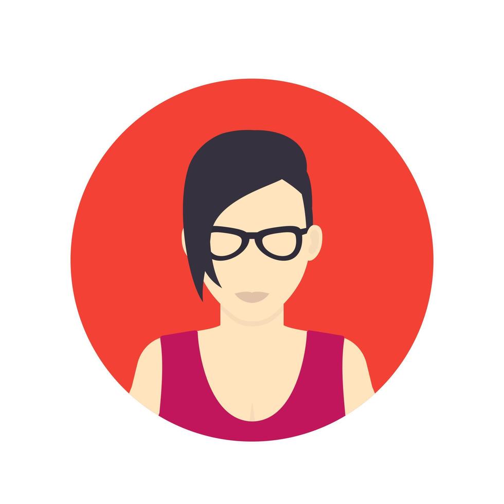icono de avatar, chica con gafas con corte de pelo corto en estilo plano, vector