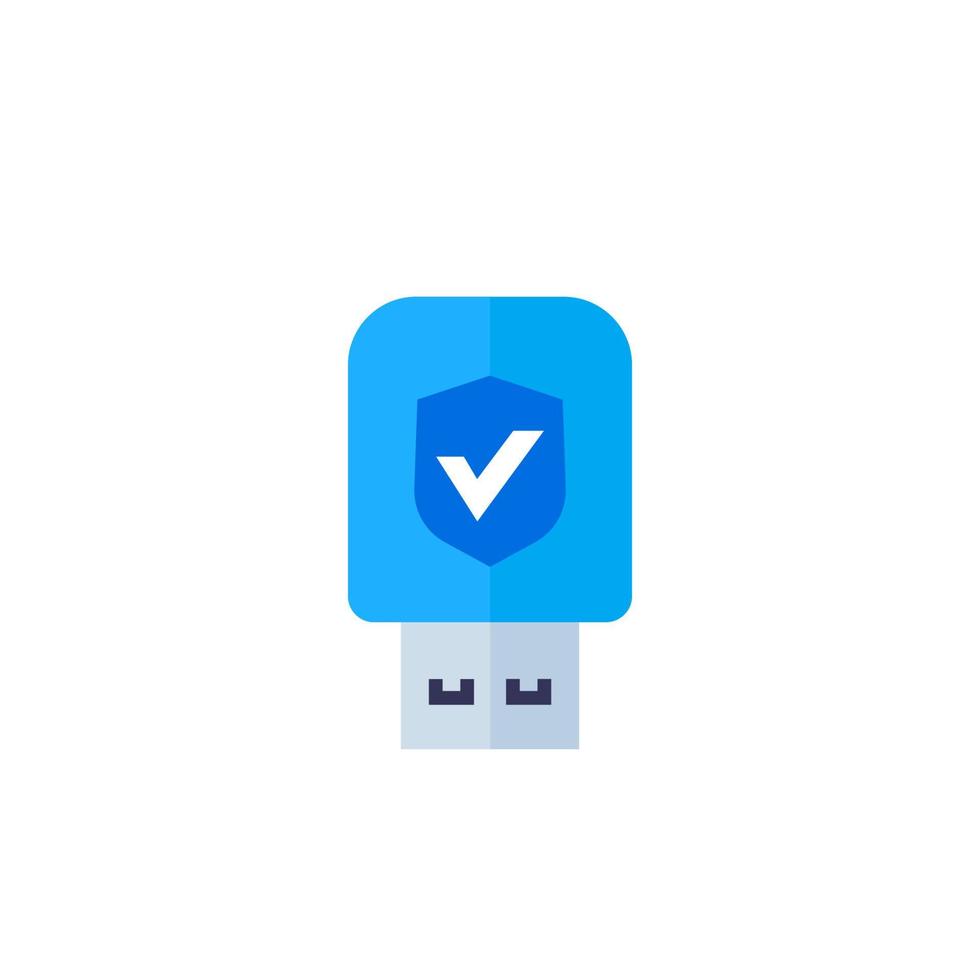 memoria USB, protección de datos, icono de vector de llave de seguridad en blanco, estilo plano