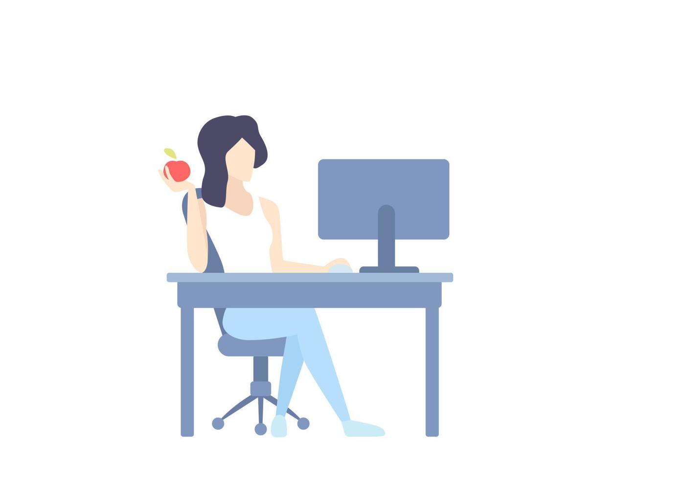 girl working with computer at desk, flat style vector illustration