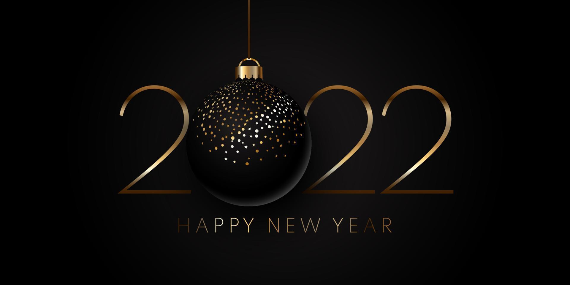 banner de feliz año nuevo dorado y negro con adorno colgante vector
