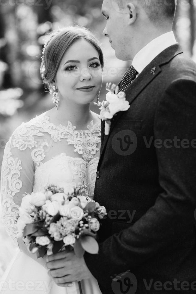 the bride and groom are walking in a pine forest photo