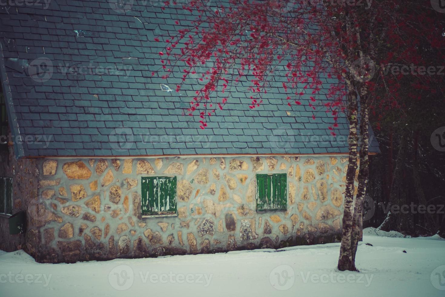 cabin winter snow photo