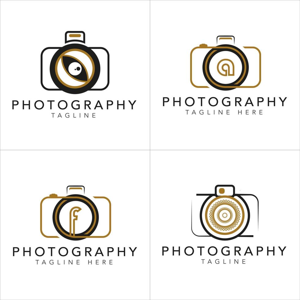 Set of Camera Photography Logo. With a white and gold color. Minimalist and luxury concept. vector