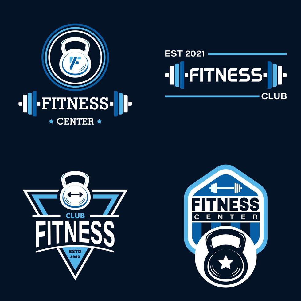 conjunto de placa de logotipo de fitness con equipamiento deportivo. etiquetas de estilo vintage con pesas rusas y símbolos de silueta de barra vector