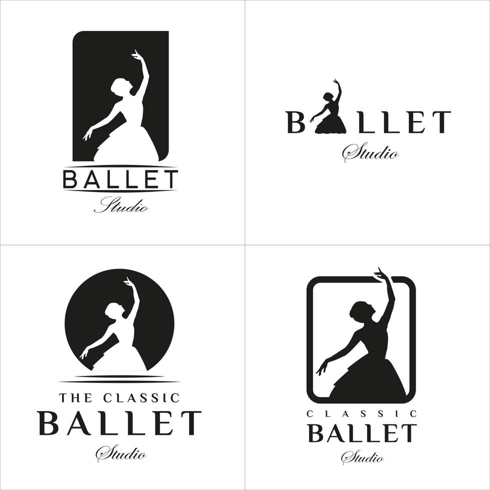 Set of Vintage Classic Logo Style for Ballet Studio Logo Design. With Woman in ballet suit on a black background. Luxury and Premium Logo vector