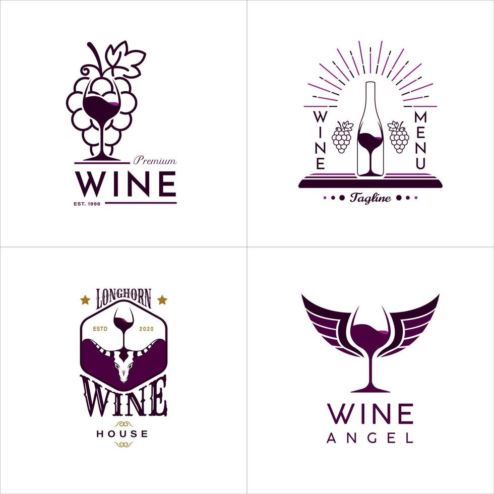 Luxury Wine Logo Design. With purple grapes, bottle, deer horn, and wings. Premium Logo Design vector