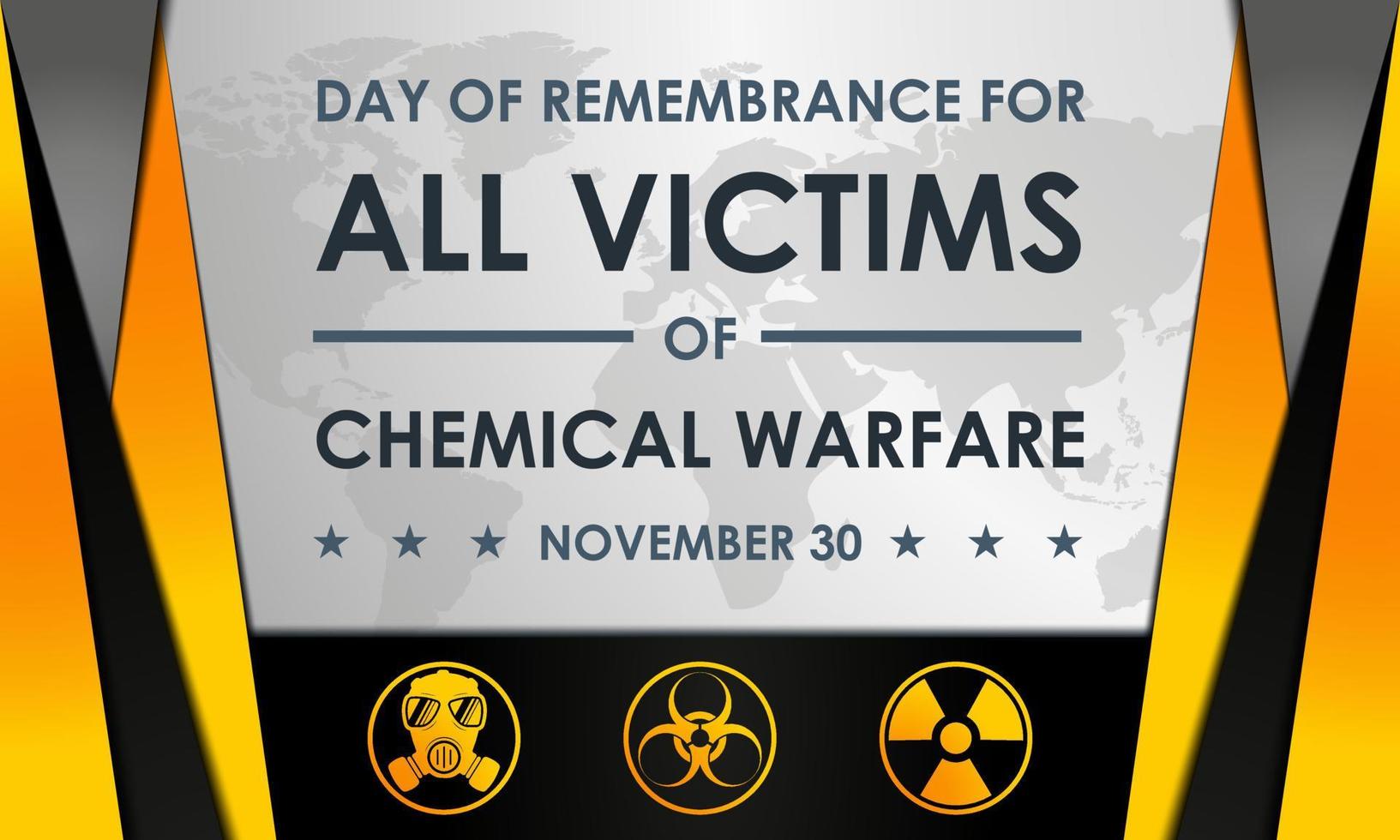Day of Remembrance for all Victims of Chemical Warfare. November 30. Premium and luxury background greeting card, letter, poster, or banner. With a gas mask, warning, and biohazard sign icon vector