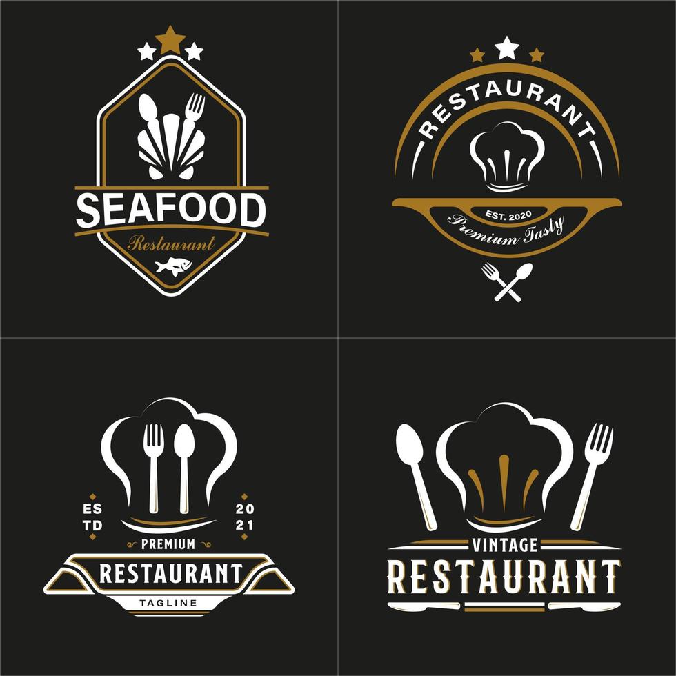 Set of Vintage Hipster Retro Logo Style for Restaurant Logo Design. With gold chef head cap, spoon, knife, clam, and fork icon. Premium and Luxury logo vector