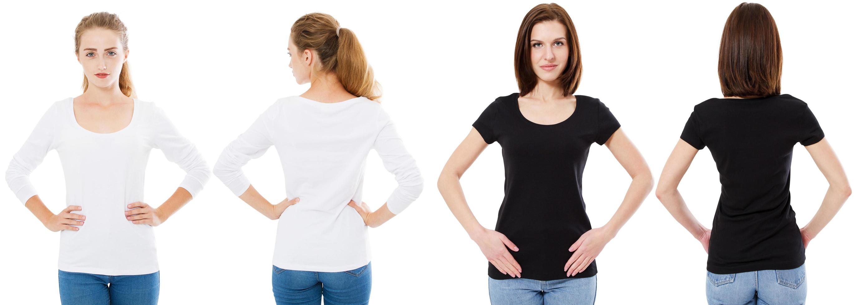 T-shirt set. Front and back view Brunette and Blonde in white and black t shirt isolated. Two girl in blank shirt, Mock up, Collage, Copy space, Template photo