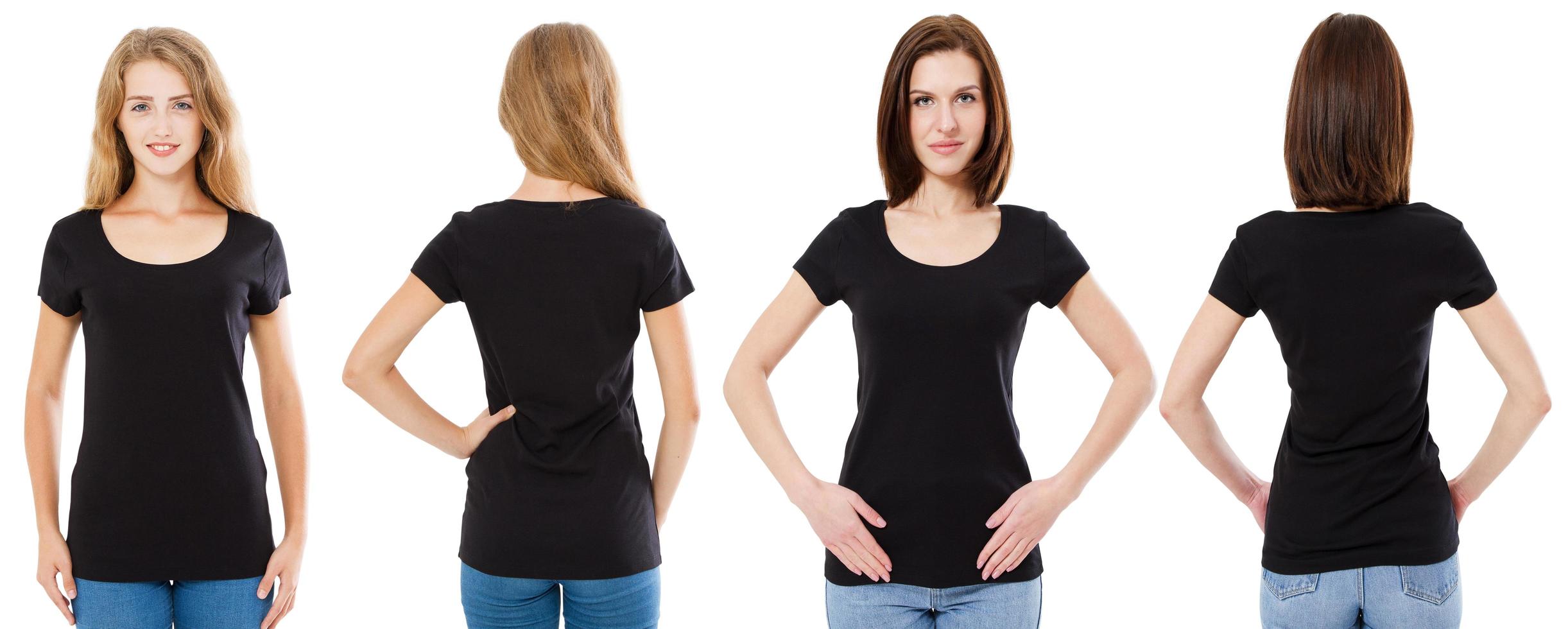 T-shirt set. Front and rear Brunette and Blonde in black t shirt isolated on white background. Two girl in blank shirt, Mock up, Collage, Copy space, Template photo