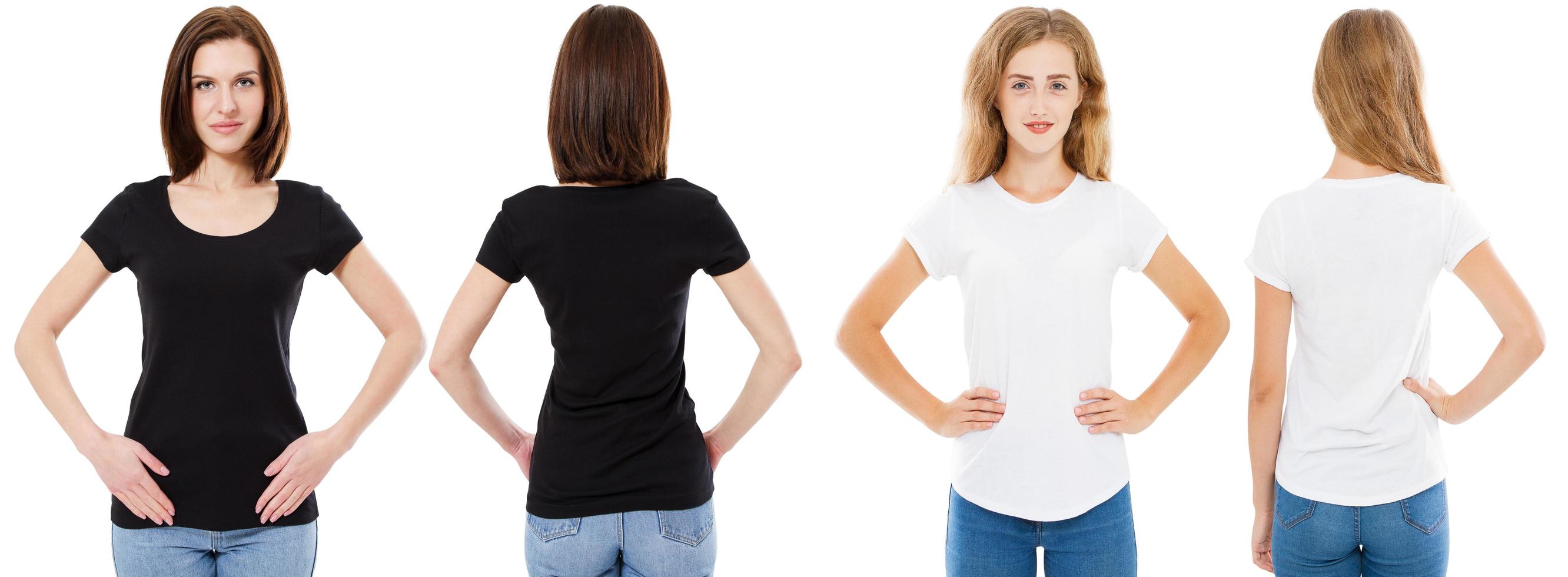 T-shirt set. Front and back view Brunette and Blonde in white and black t shirt isolated. Two girl in blank shirt, Mock up, Collage, Copy space, Template photo