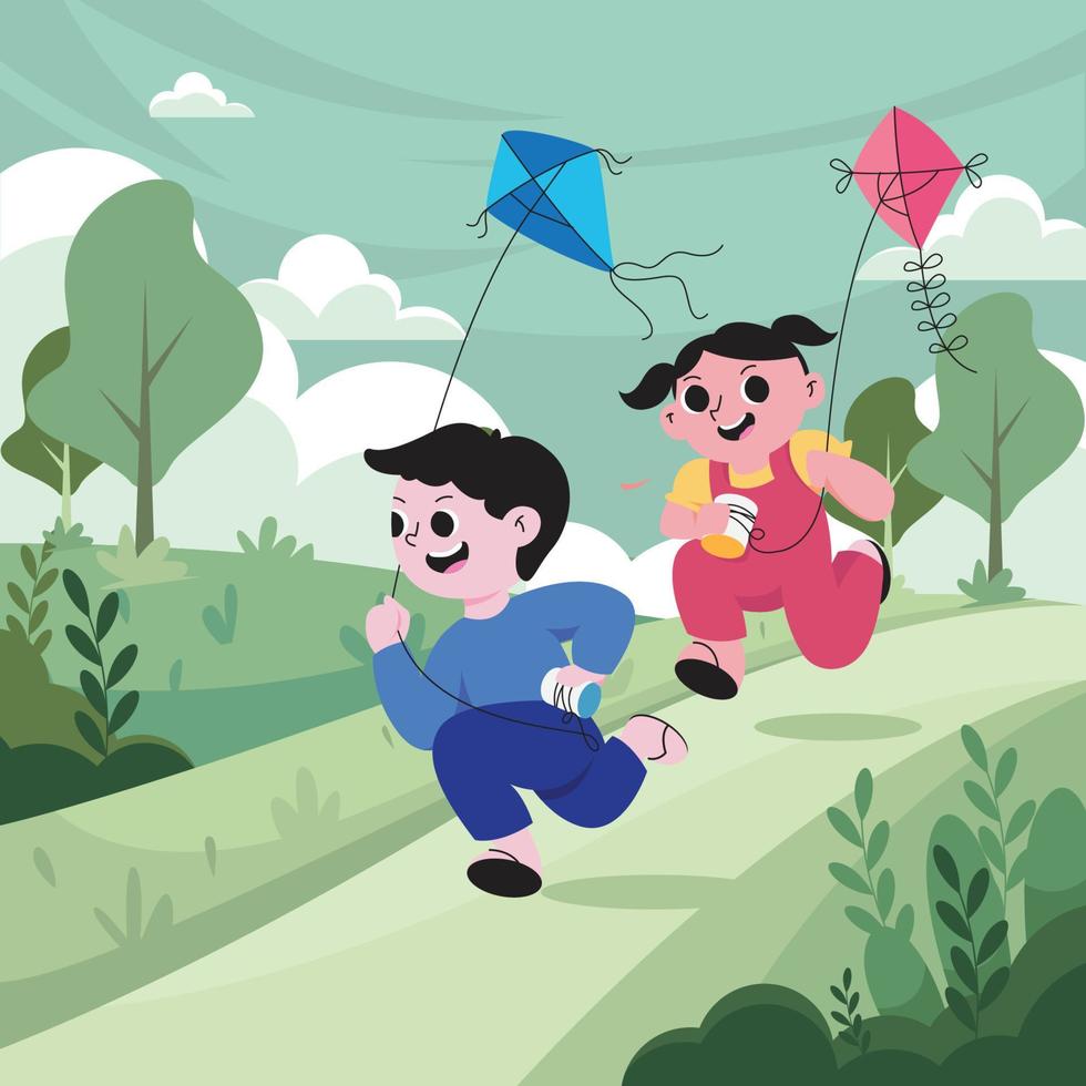 Children Playing Kites With Friend vector