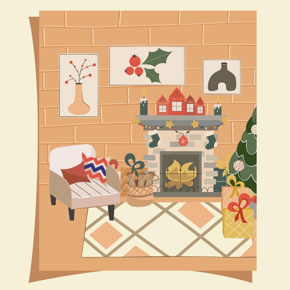 acogedora sala de estar navideña con árbol de navidad, chimenea y sillón de estilo escandinavo en una postal o póster. decoraciones de año nuevo, guirnaldas, calcetines y regalos.Ilustración de vector de estilo plano.