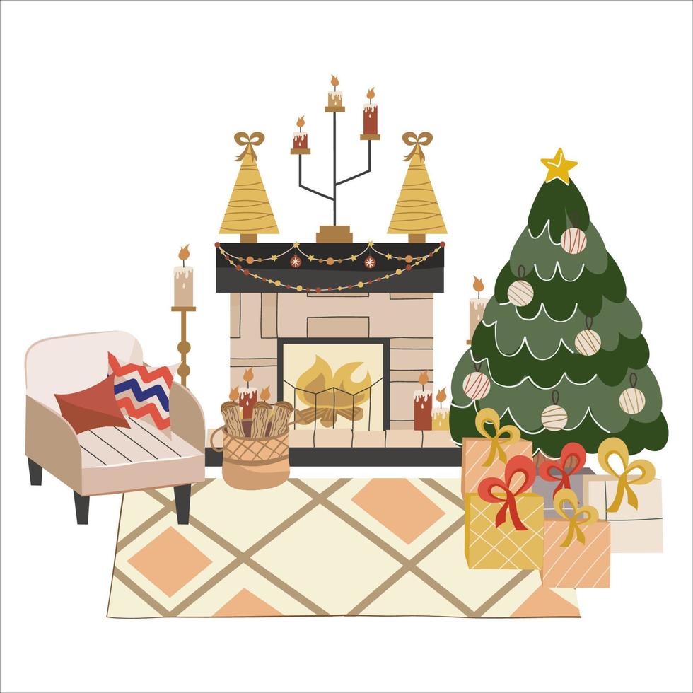 Isolated Scandinavian Christmas interior with fireplace, Christmas tree.Cozy armchair with cushions and woodpile for winter evenings. Carpet and gifts under the tree. Vector illustration.