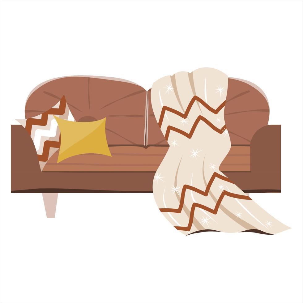 Cozy sofa with a plaid and pillows in the Scandinavian style isolated on a white background.Vector illustration. vector