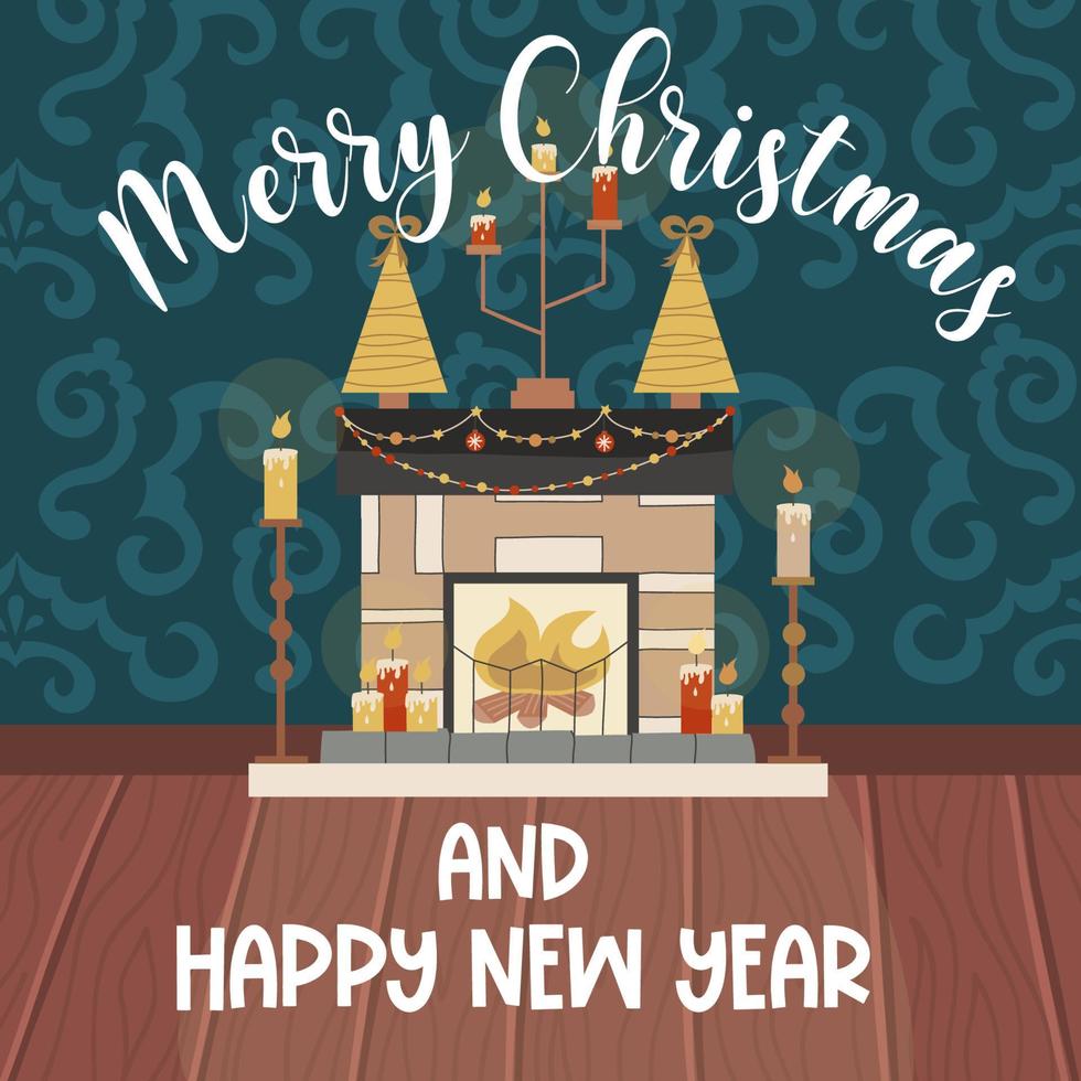 Christmas living room with fireplace, wooden floor, patterned wallpaper and Merry Christmas text.Fireplace with candles, garland, golden Christmas trees. Vector illustration for festive postcards.