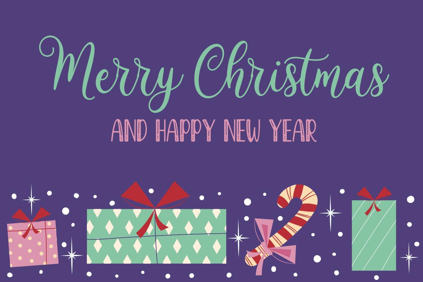 Christmas background retro banner with text merry christmas and gifts.Purple cover with stars, snowflakes, ribbon boxes and candy cane. Festive congratulations. Vector illustration