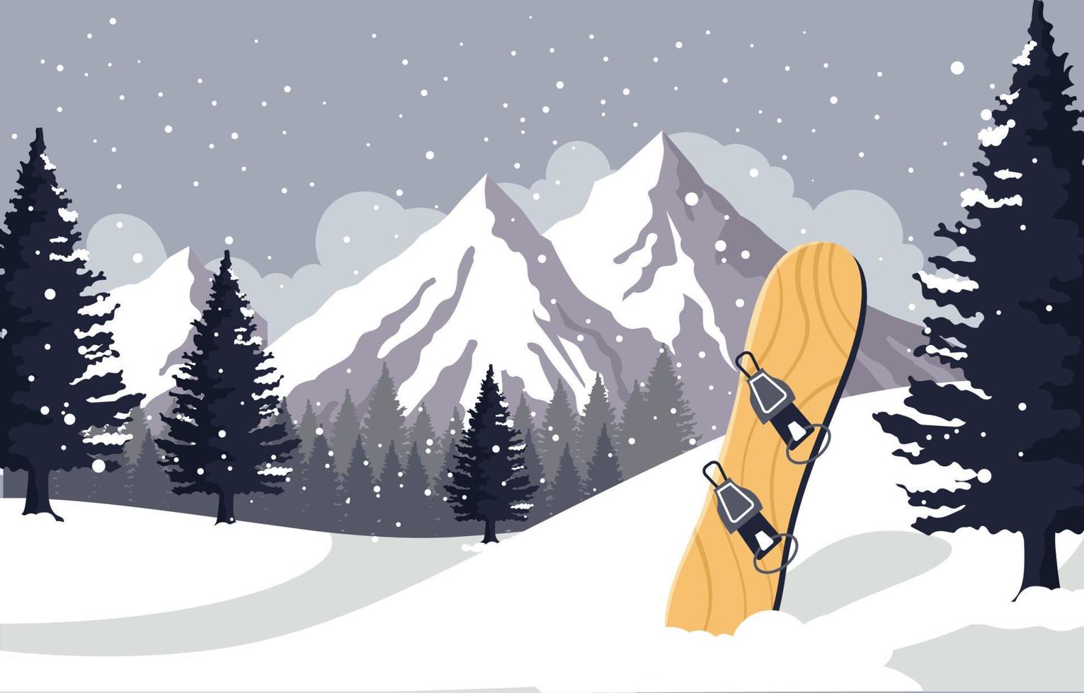 Snowboard contra el paisaje de montaña en invierno vector