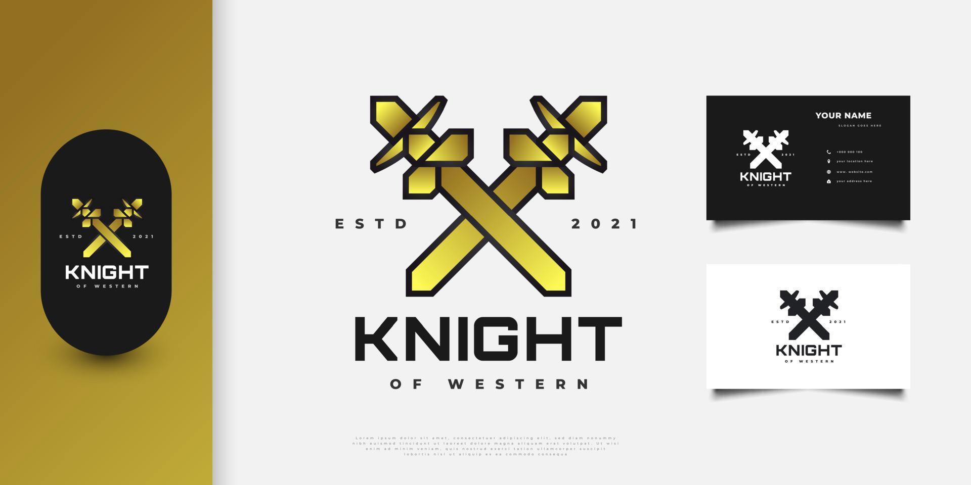 Logotipo, símbolo o emblema de espadas cruzadas negras y doradas con estilo de juego. diseño de heráldica de lujo vector