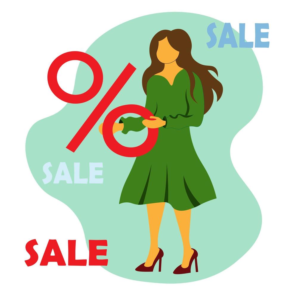 chica vestida tiene un signo de porcentaje en sus manos, descuentos en productos, promociones, ventas previas a las vacaciones. ilustración vectorial del concepto de descuentos y ventas, reducción de precios. vector