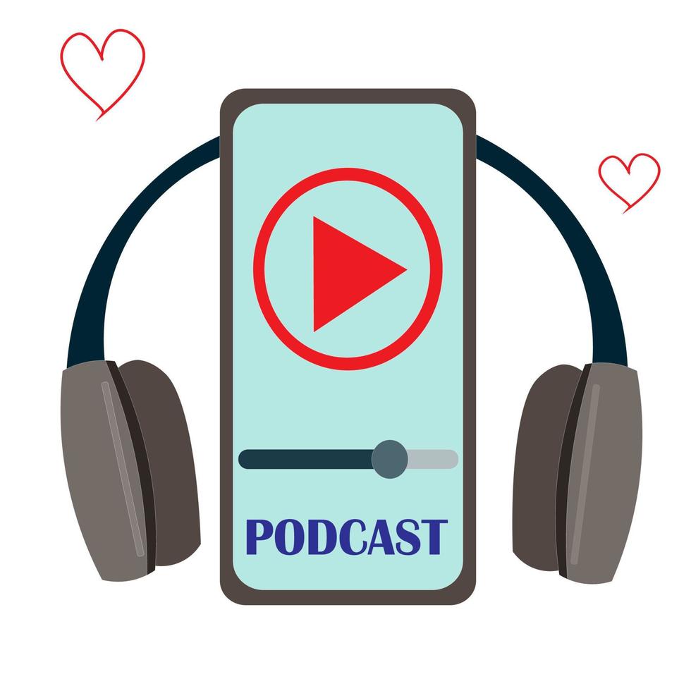 the phone plays the podcast in headphones, the PLAY button. Logo, badge, stamp design.  Vector stock illustration. Podcasting, broadcast or interview.