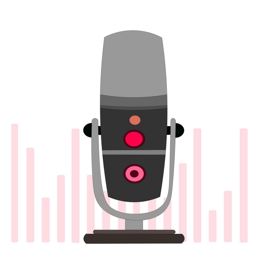 micrófono de estudio sobre un soporte para grabación de sonido, podcast, transmisión en vivo, concierto, radio. vivir en el aire. forma de micrófono moderno con colores negro y plateado. para iconos, logotipos, sitio web, blogger vector