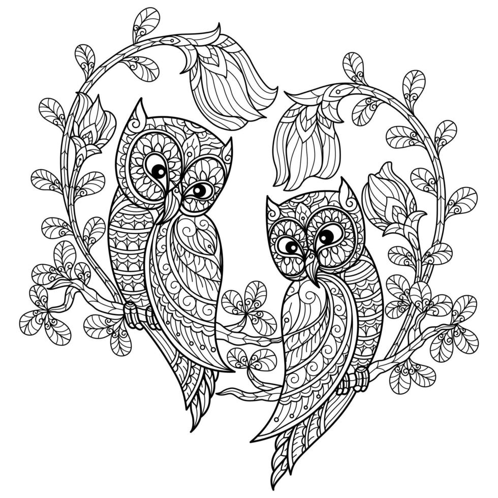 Love of owls hand drawn for adult coloring book vector