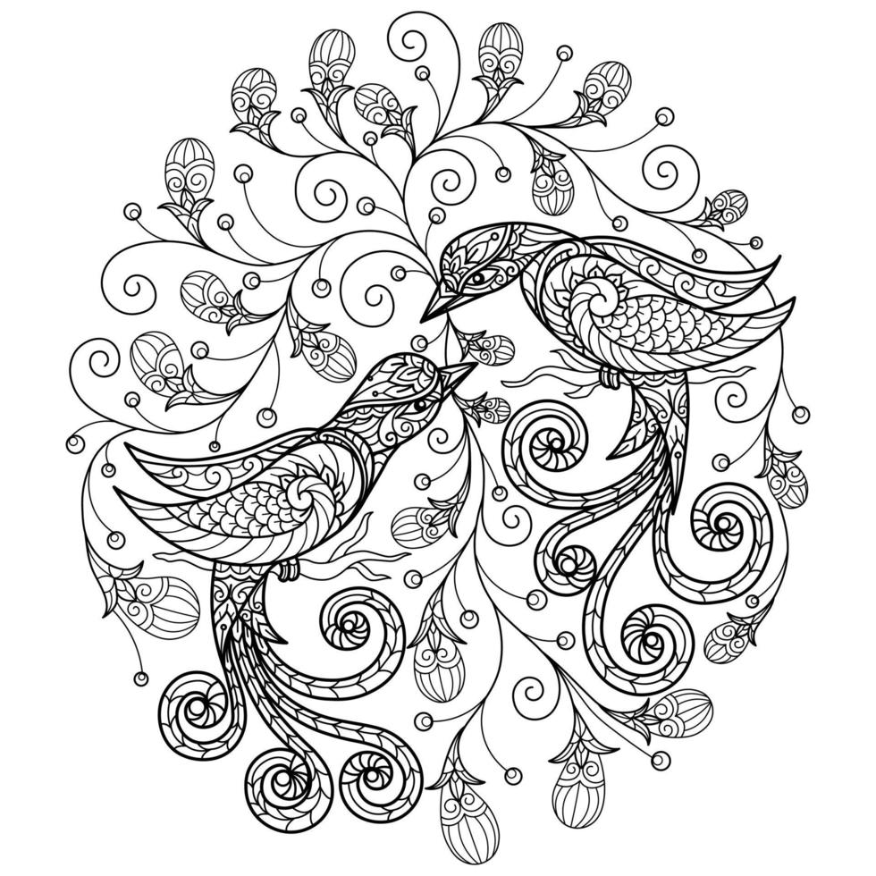 Two birds hand drawn for adult coloring book vector