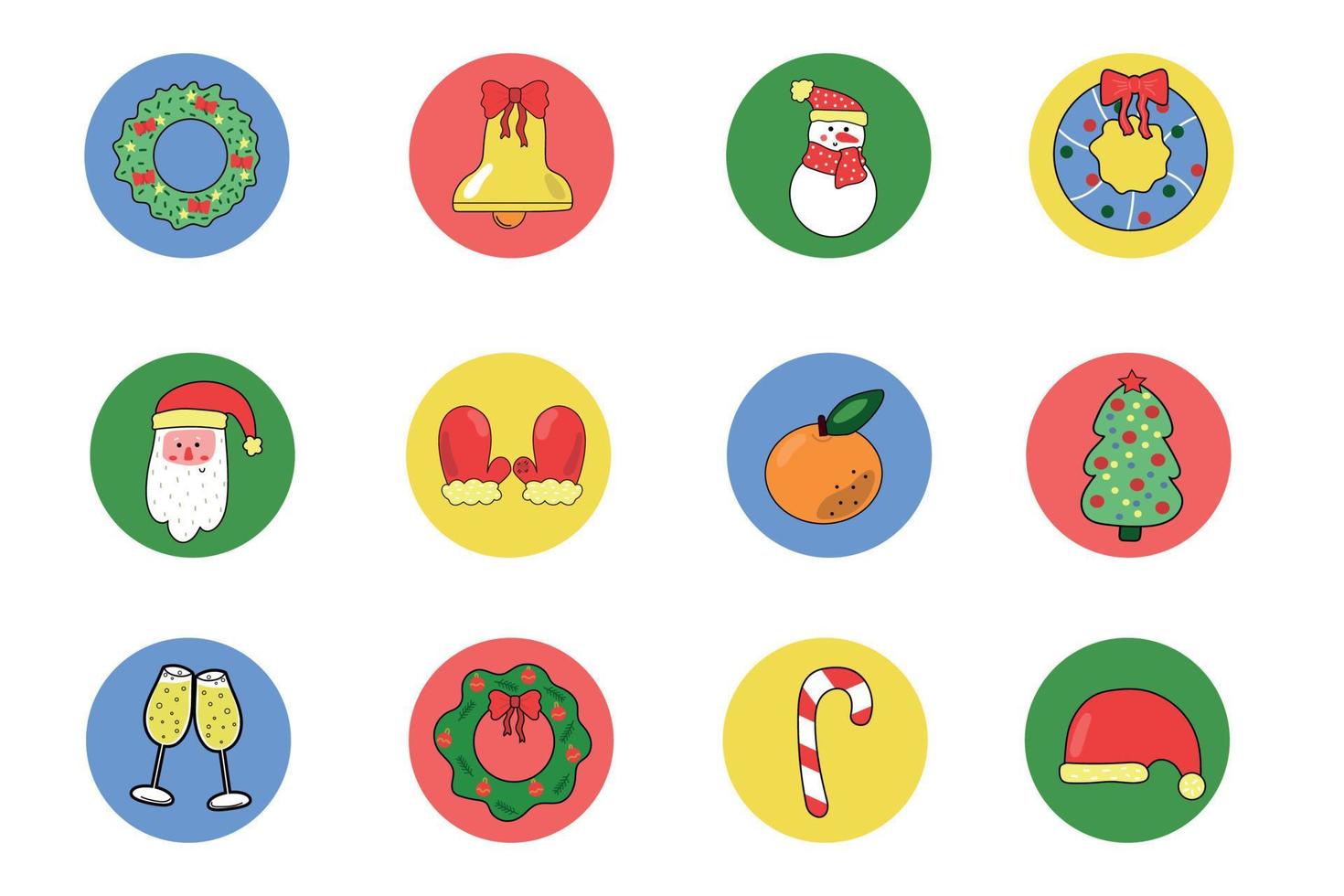 Christmas stickers. Bundle of round highlight stories covers. Retro design for social media. vector