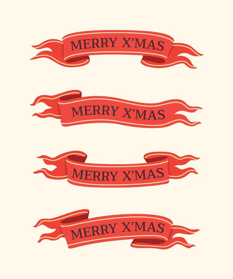 Set of Hand Drawn Merry Christmas Ribbons in Vintage Style. vector