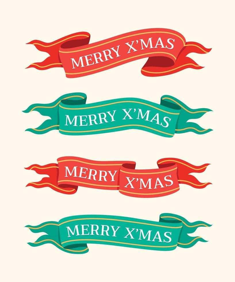 Set of Hand Drawn Merry Christmas Ribbons in Vintage Style. vector