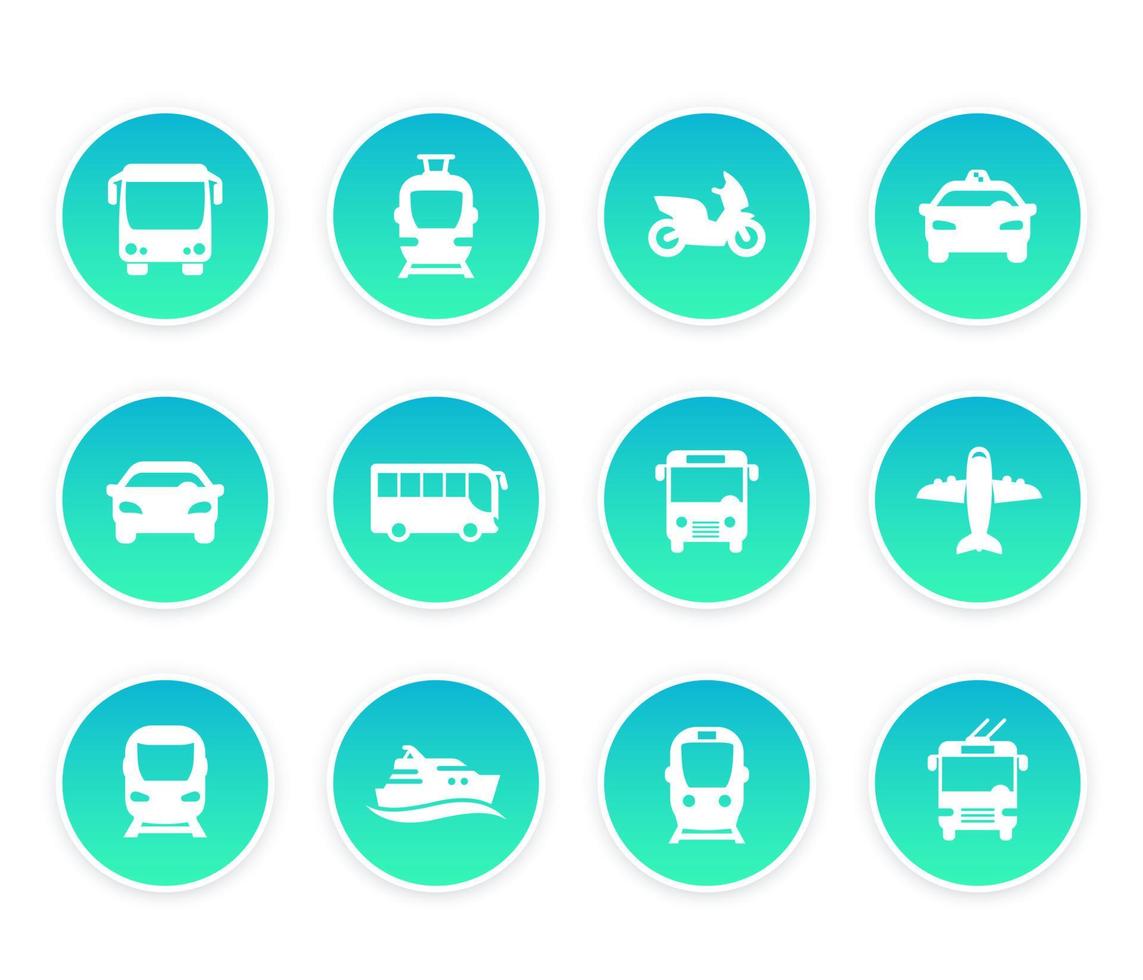 Passenger transport icons, bus, subway, train, taxi, car, airplane, and ship vector