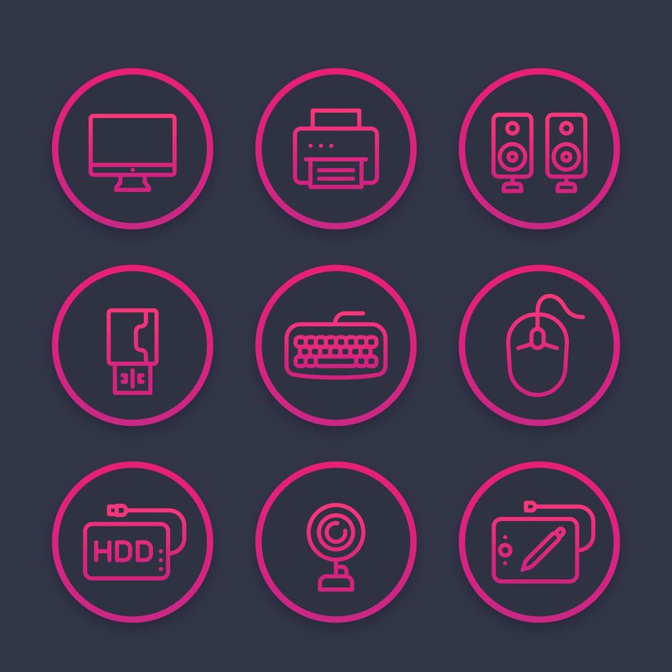 Computer peripherals line icons set vector