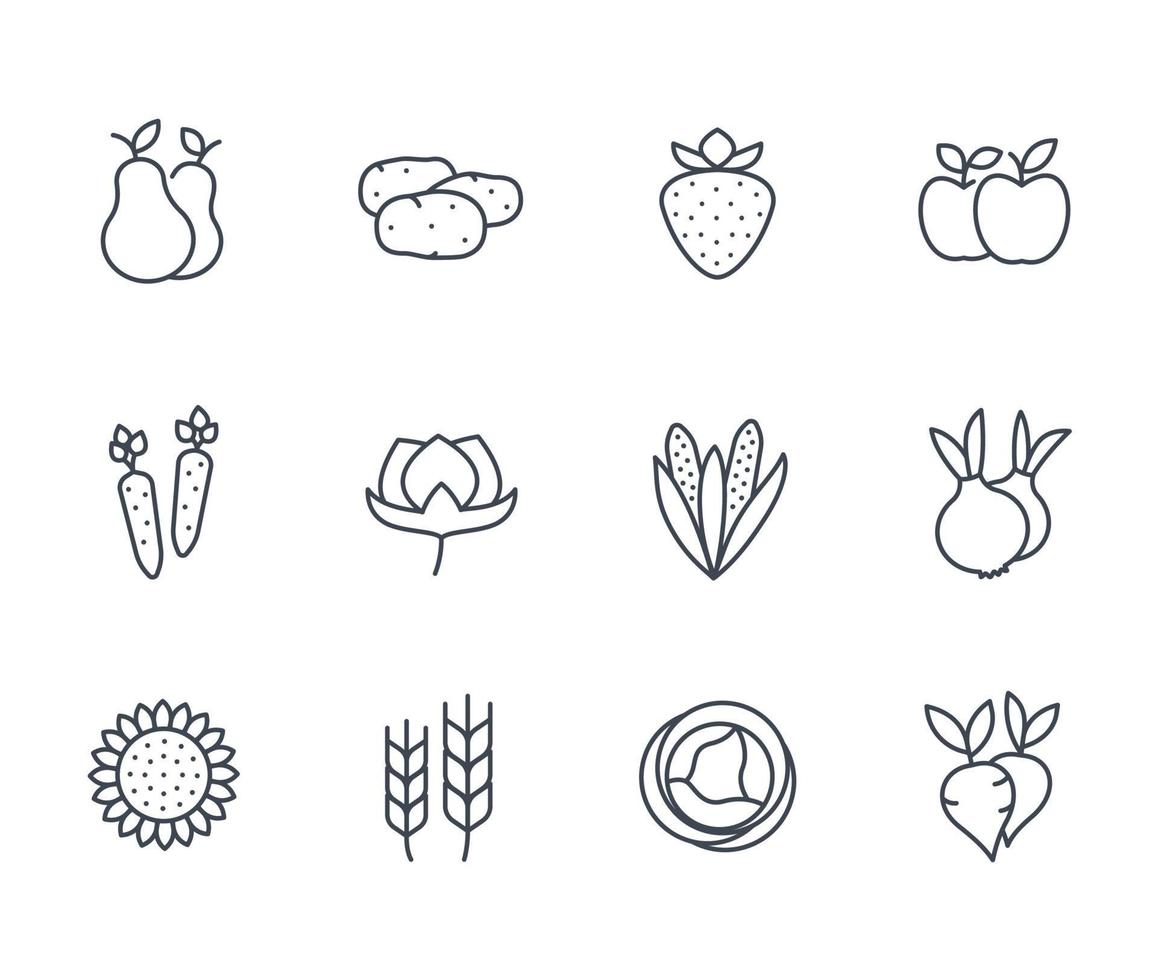 Harvest, farm icons set, linear style vector