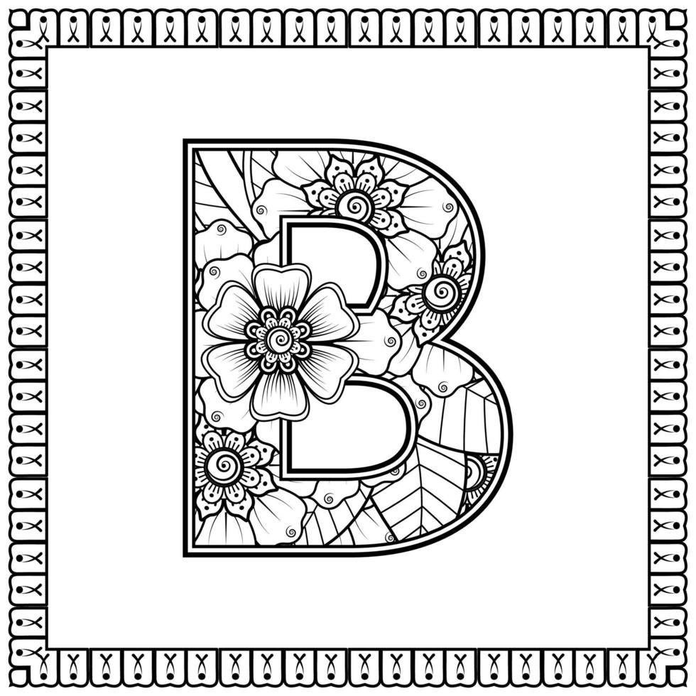 letra b hecha de flores en estilo mehndi. página de libro para colorear. Ilustración de vector de dibujo a mano de contorno.