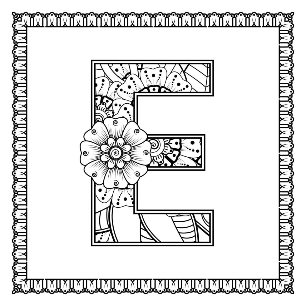 letra e hecha de flores en estilo mehndi. página de libro para colorear. Ilustración de vector de dibujo a mano de contorno.
