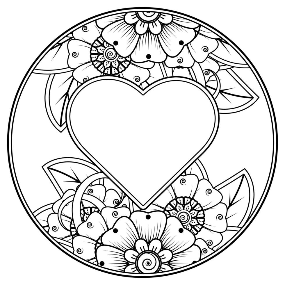 mehndi flower with frame in shape of heart. decoration in ethnic oriental, doodle ornament. vector