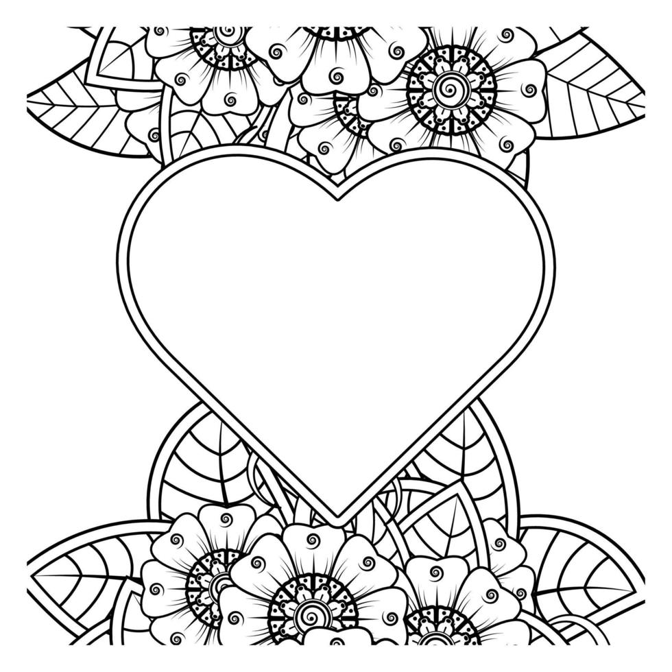 mehndi flower with frame in shape of heart. decoration in ethnic oriental, doodle ornament. vector