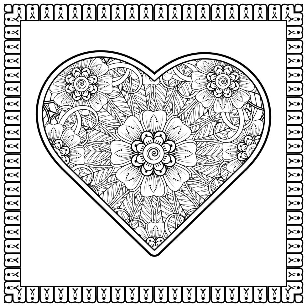 mehndi flower with frame in shape of heart. decoration in ethnic oriental, doodle ornament. vector